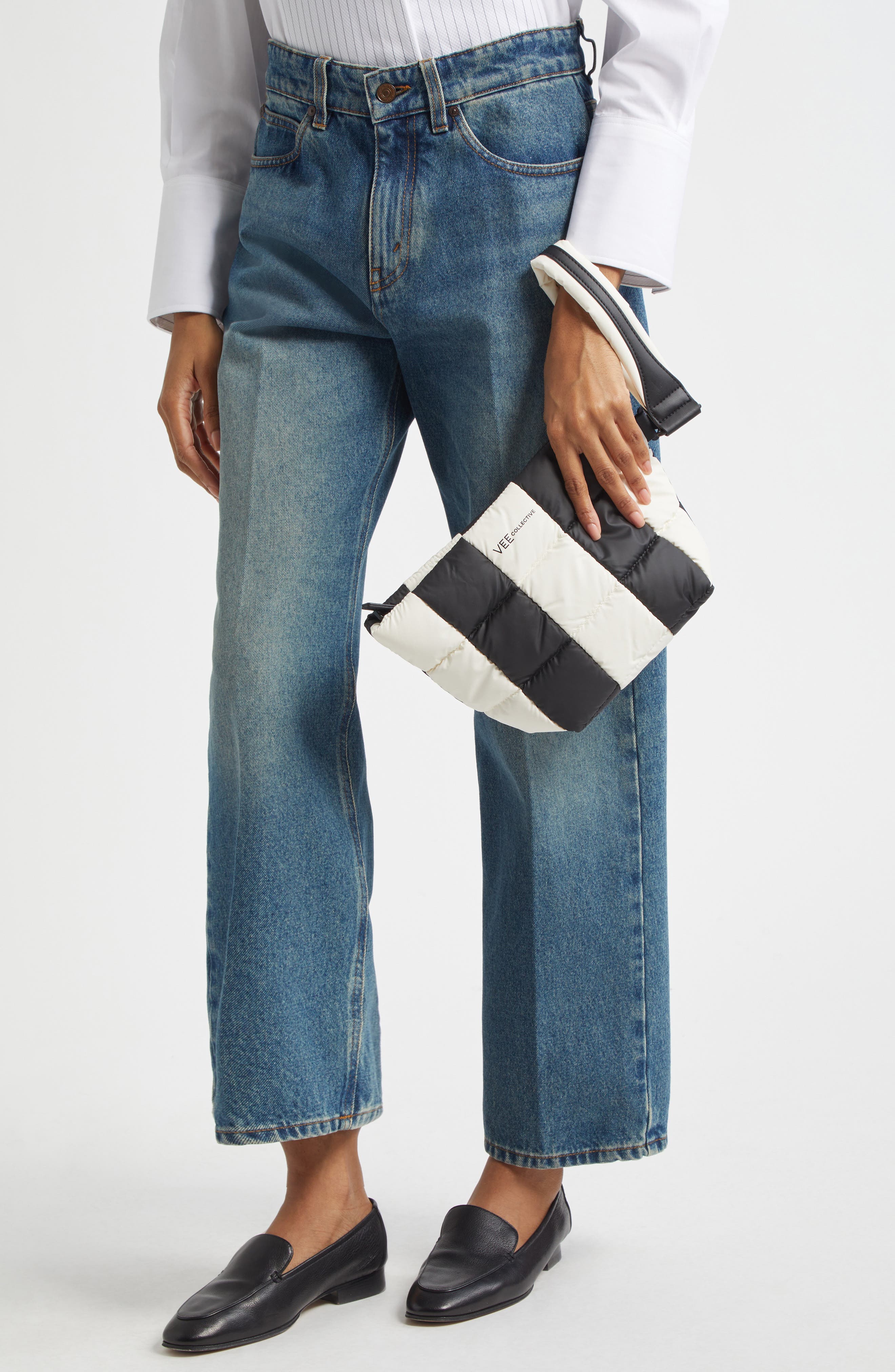 VeeCollective Porter Colorbock Recycled Nylon Clutch, Alternate, color, Black - Marshmallow Stripes