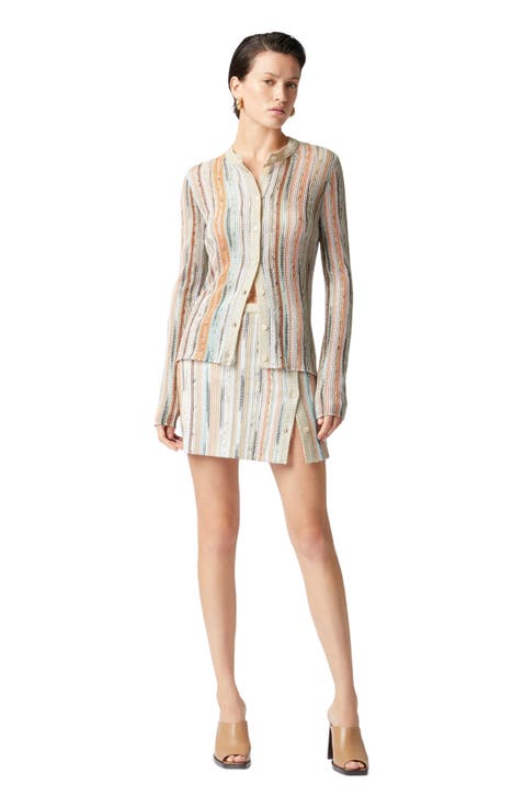 Striped Lamé Slub Viscose Crewneck Cardigan