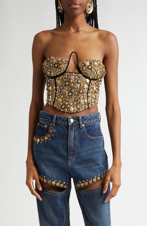 Shop Area Embroidered Crystal Button Cluster Bustier In Black/gold