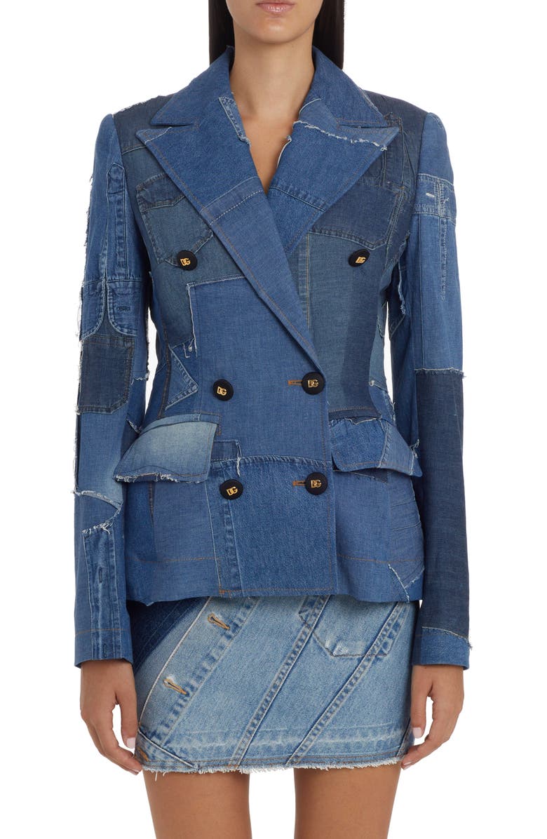 Dolce&Gabbana Raw Edge Patchwork Panel Denim Blazer, Main, color, 