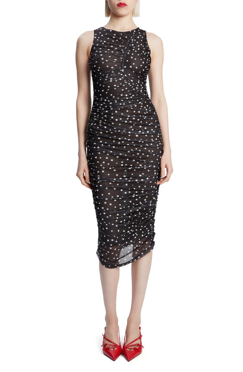 Bardot Felicia Polka Dot Ruched Mesh Midi Dress, Main, color,