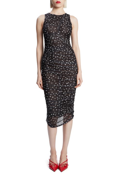 Felicia Polka Dot Ruched Mesh Midi Dress