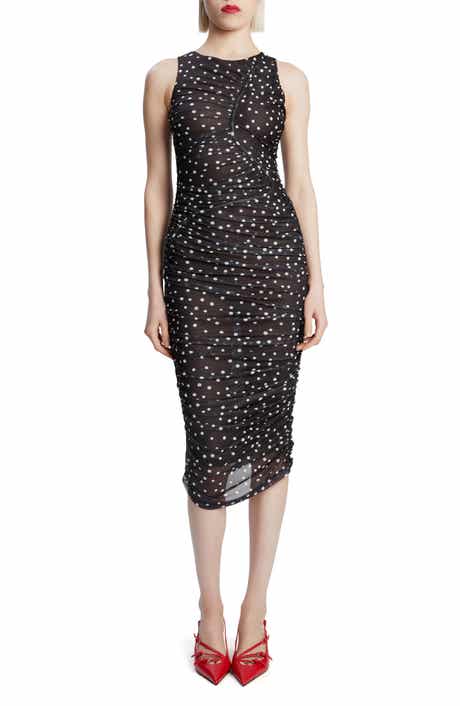 Bardot Felicia Polka Dot Ruched Mesh Midi Dress