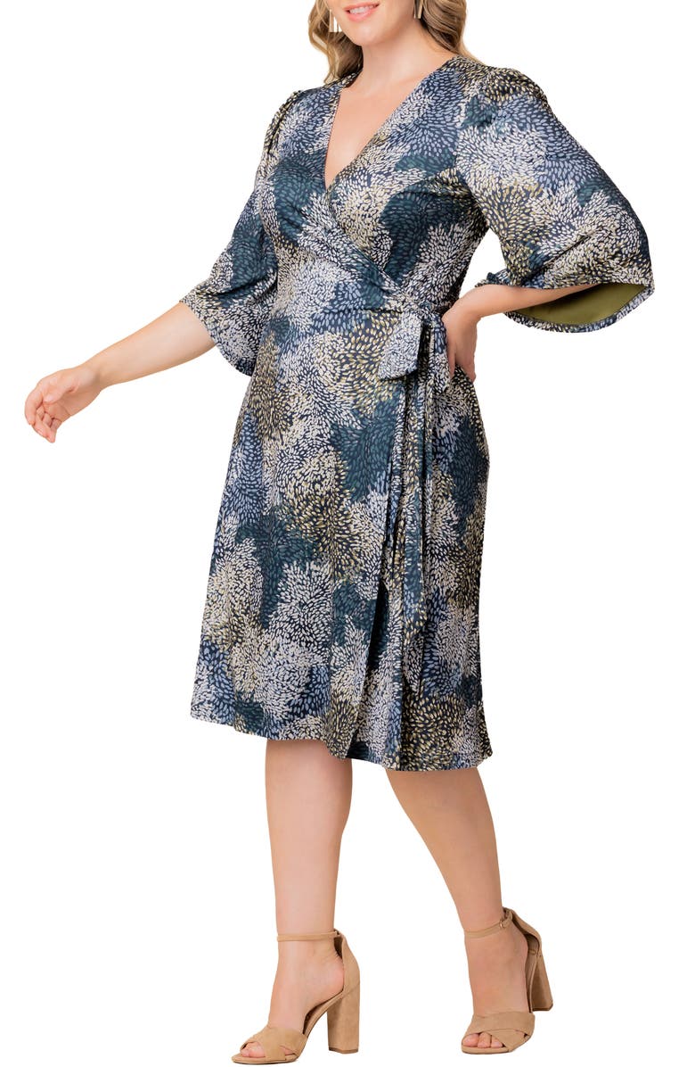 Kiyonna Gemini Floral Bell Sleeve Wrap Dress, Alternate, color, Blue Multi