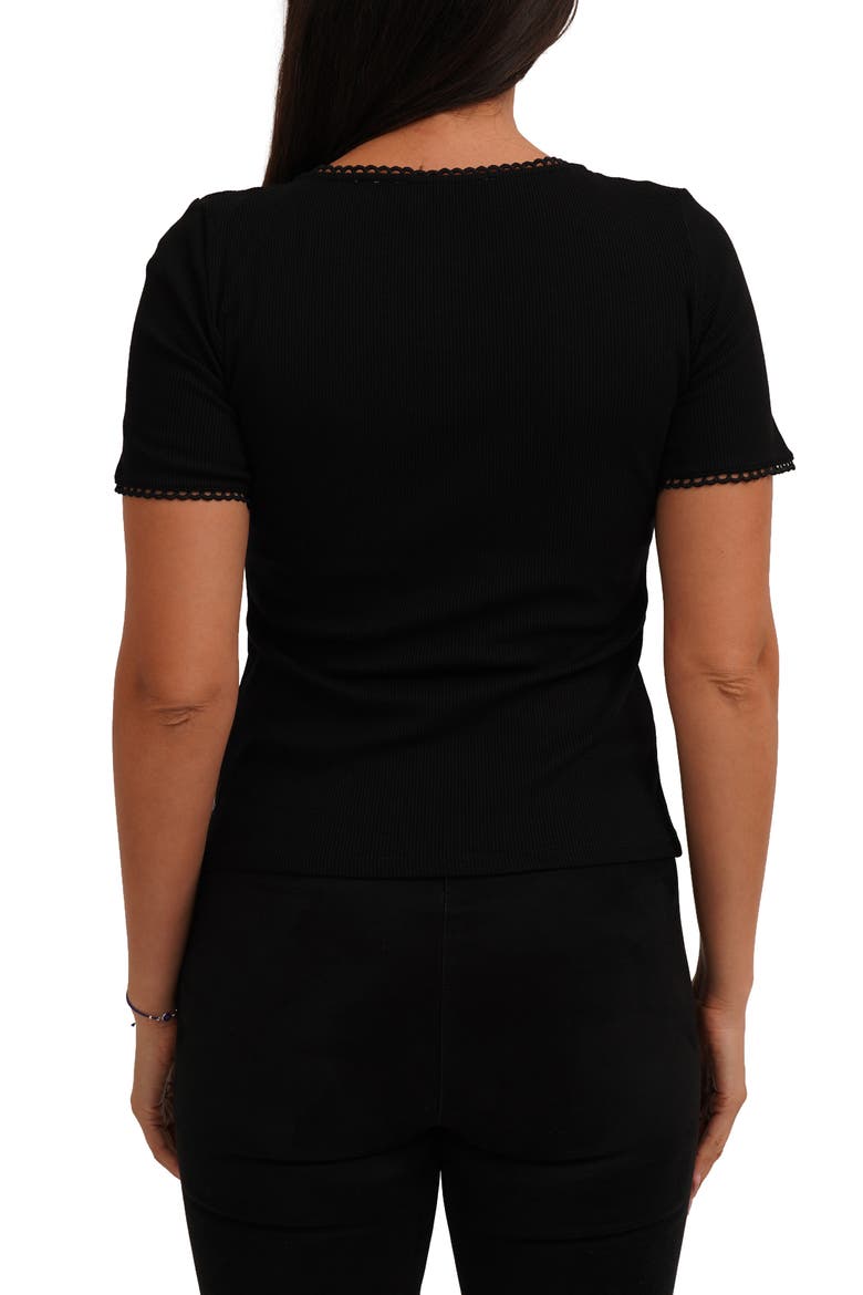 Scallop Trim Short Sleeve Ribbed Top, Alternate, color, BLACK