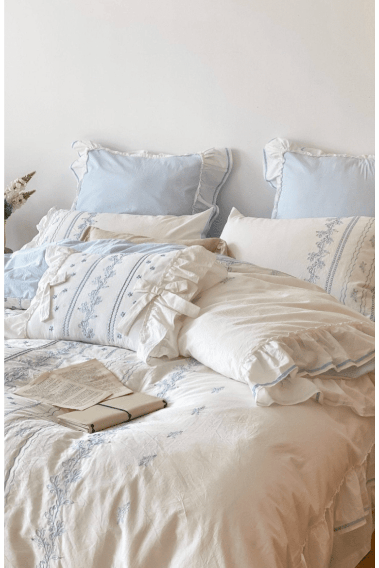 Embroidered French Lace Ruffle Duvet Cover, Alternate, color, Blue