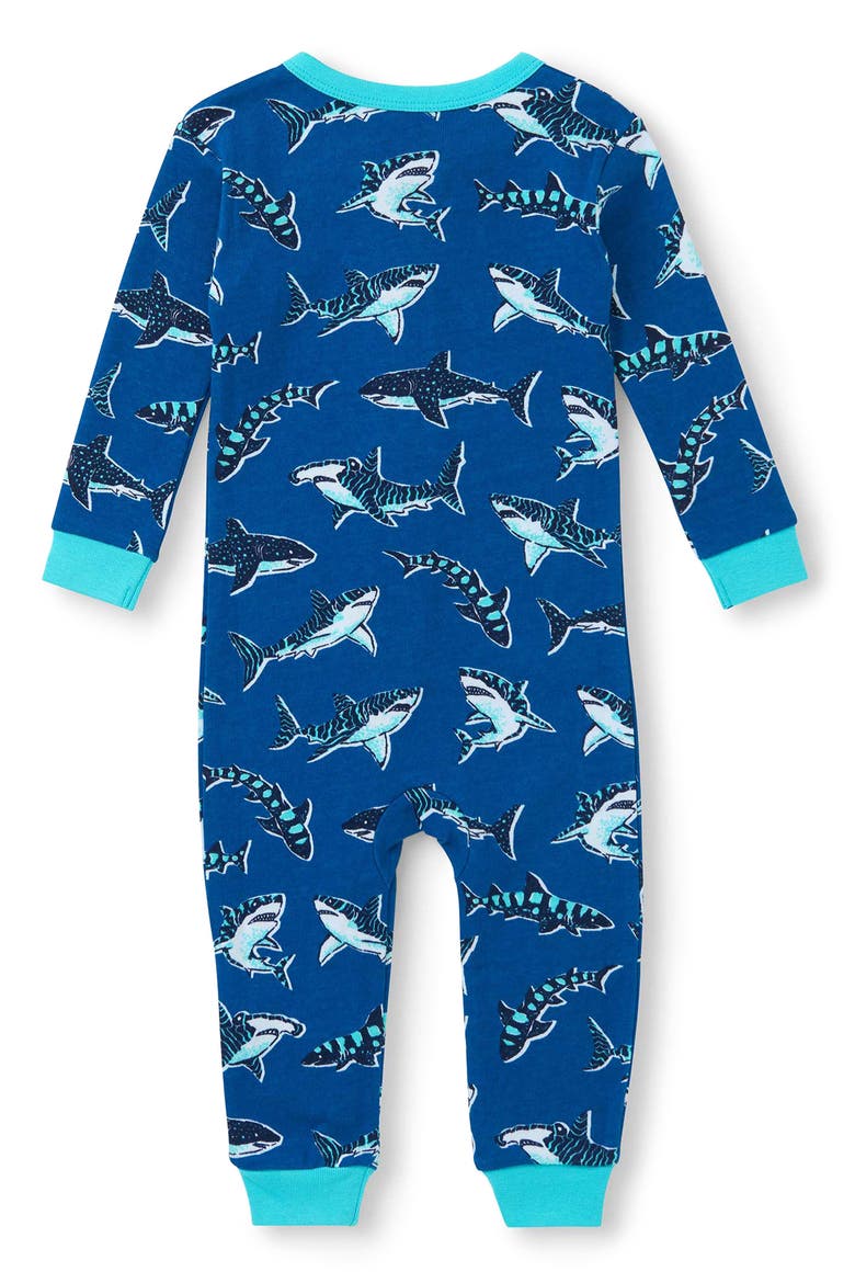 Shark Print Organic Cotton Zip Romper, Alternate, color, BLUE
