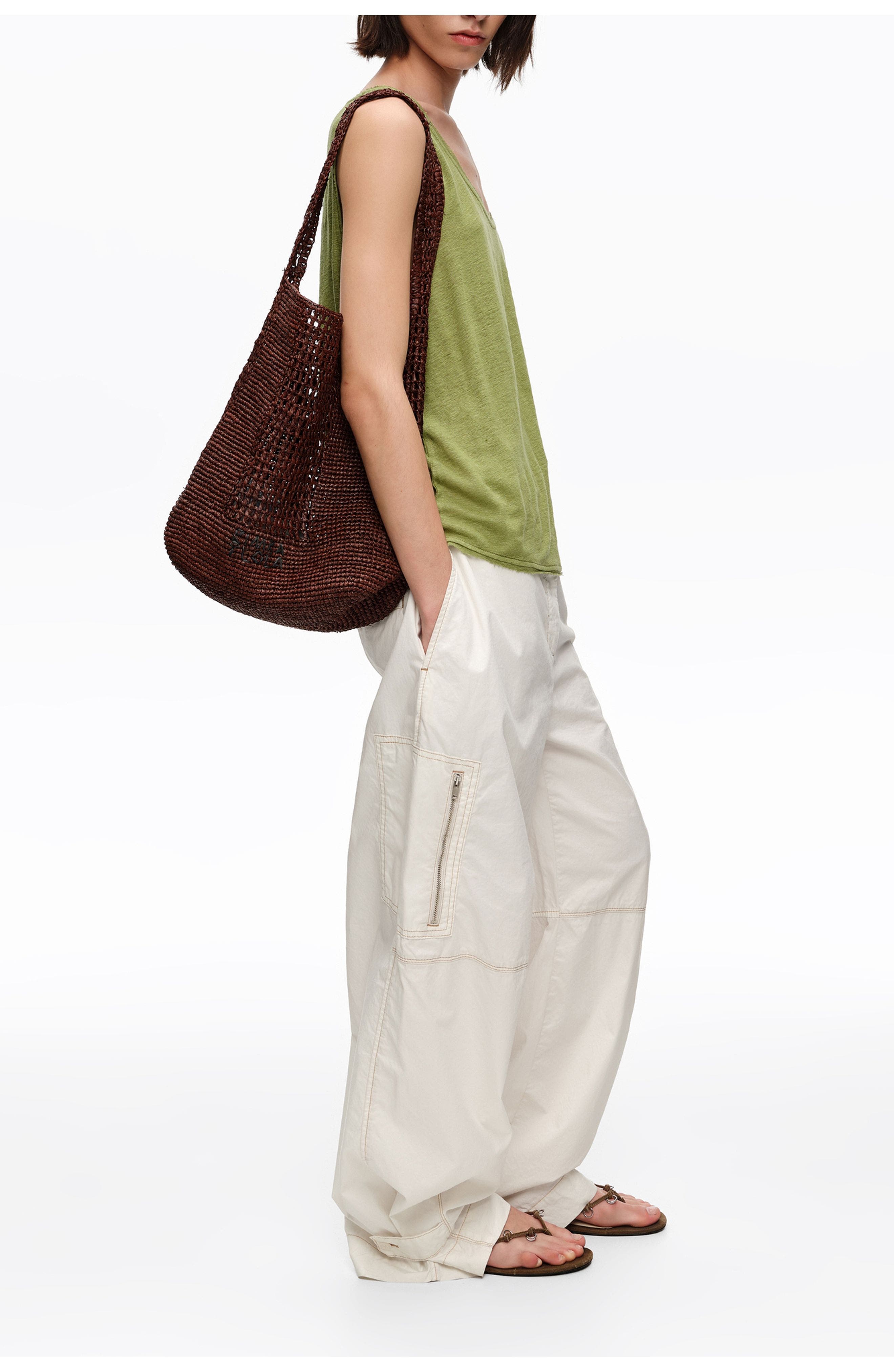 Bimba y Lola Raffia Woven Shoulder Bag, Alternate, color, Nut