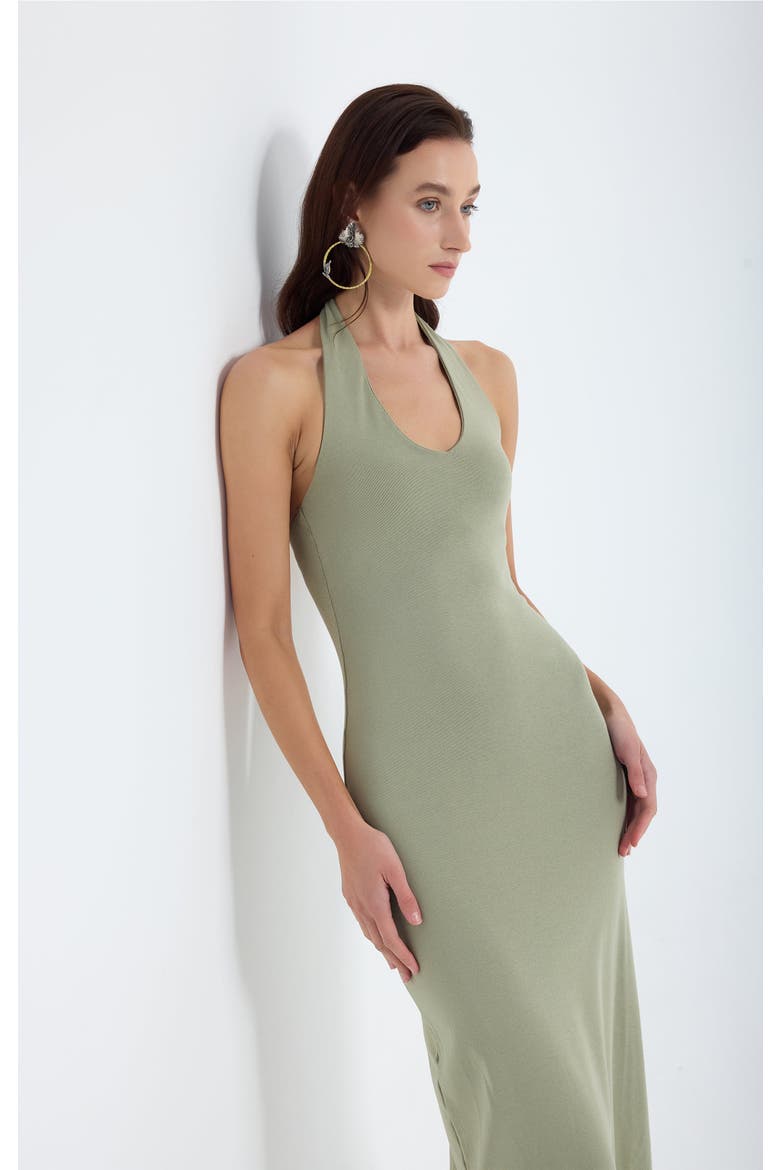 Orion Halter Neck Cotton Bodycon Midi Dress, Alternate, color, Dusty Olive