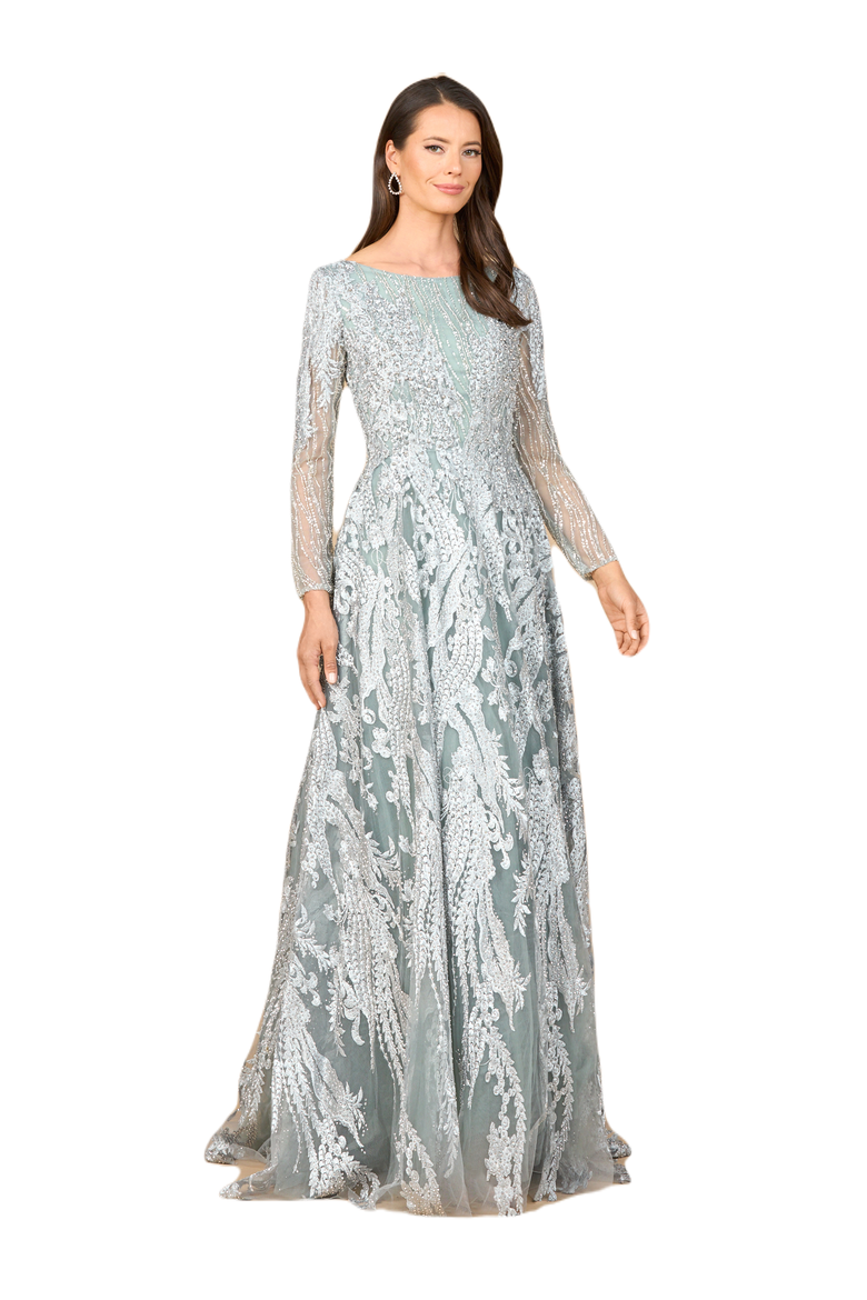 Long Sleeve, Modest Beaded Gown, Main, color, Slate