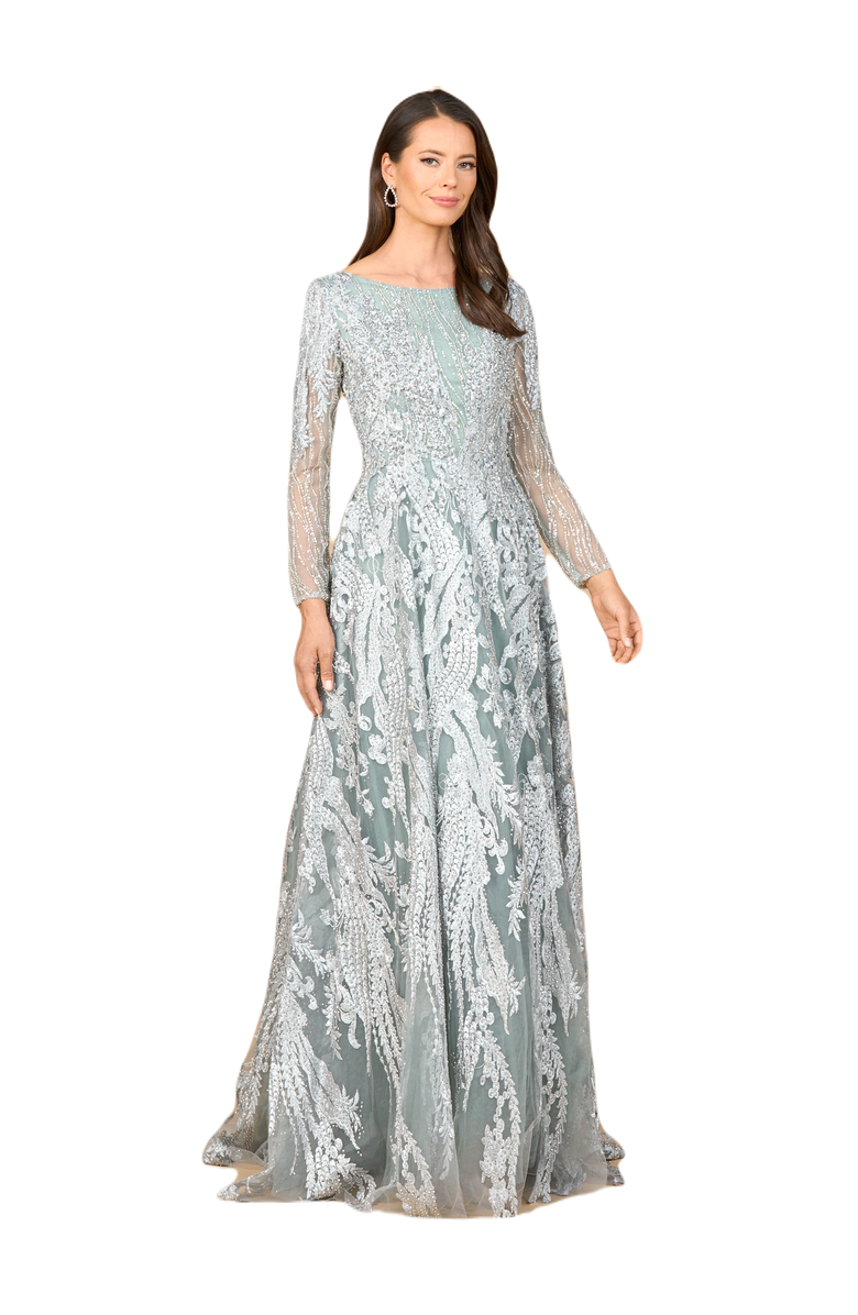 LARA New York Long Sleeve, Modest Beaded Gown, Main, color, Slate
