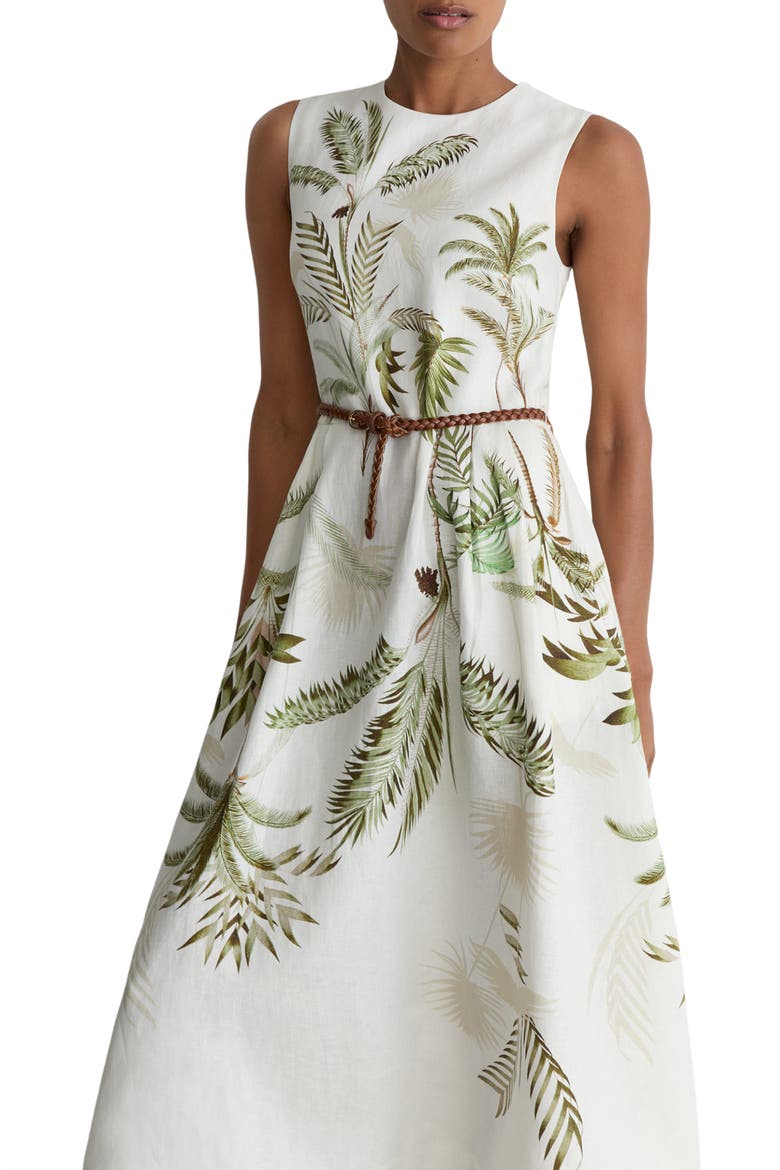 Palma Palm Print Linen Midi Dress, Alternate, color, IVORY/ KHAKI