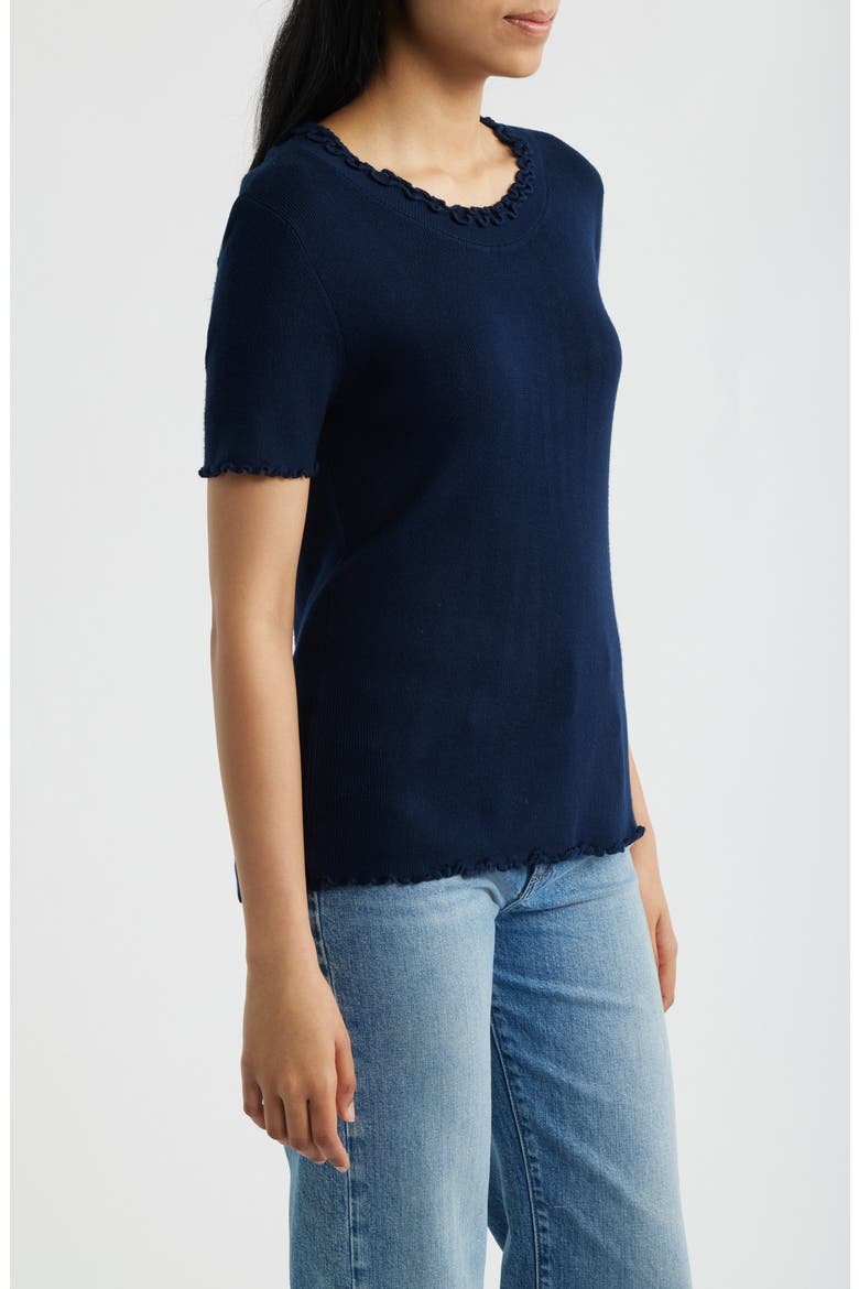 Ruffle Trim Short Sleeve Sweater, Alternate, color, DARK INDIGO