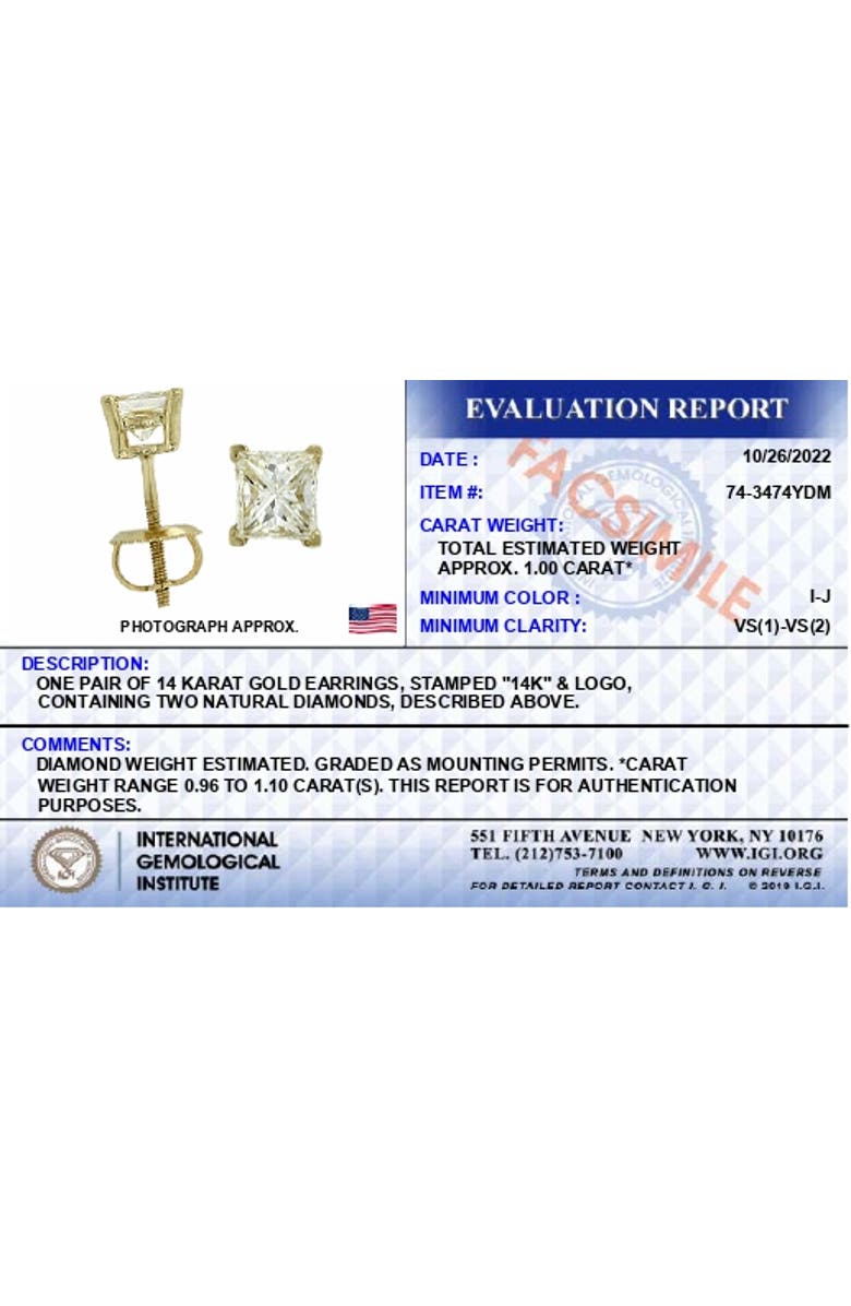 Haus of Brilliance Certified 14K Gold 1.0 Ct Square Diamond Solitaire Stud Earrings, Alternate, color, Yellow