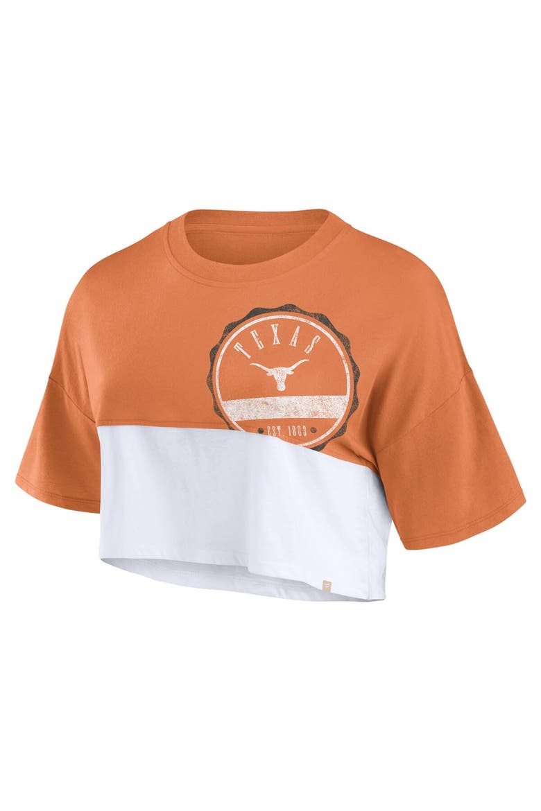 Women's Fanatics Branded Texas Orange/White Texas Longhorns Oversized Badge Colorblock Cropped T-Shirt, Alternate, color, Burnt Orange