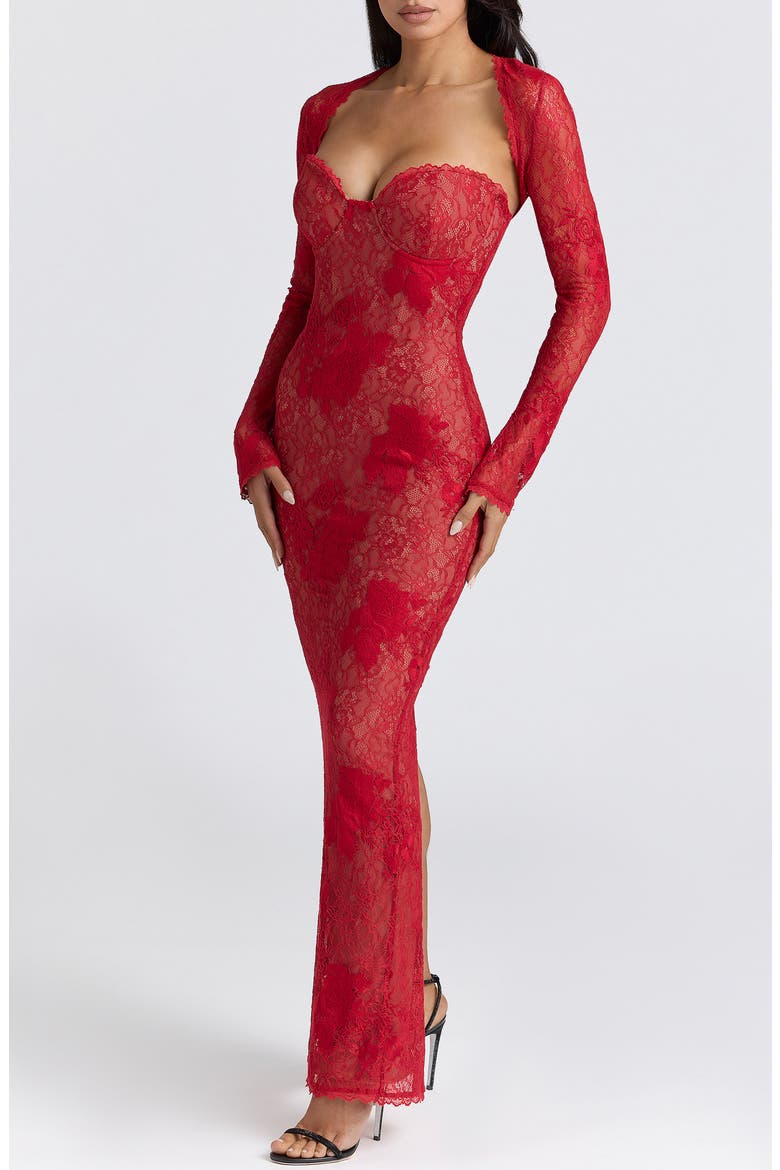 Lucienne Lace Corset Strapless Gown & Bolero, Alternate, color, RED
