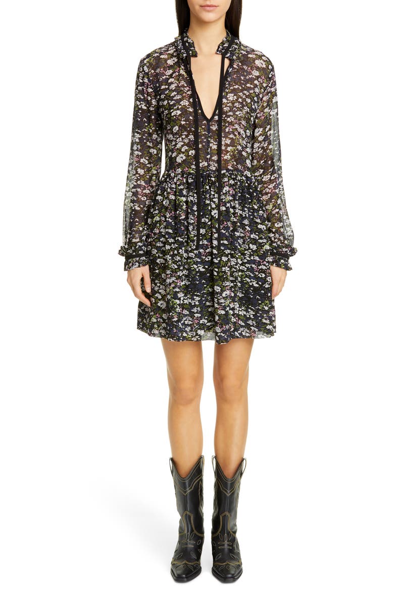 Long Sleeve Floral Print Georgette Dress, Main, color, BLACK