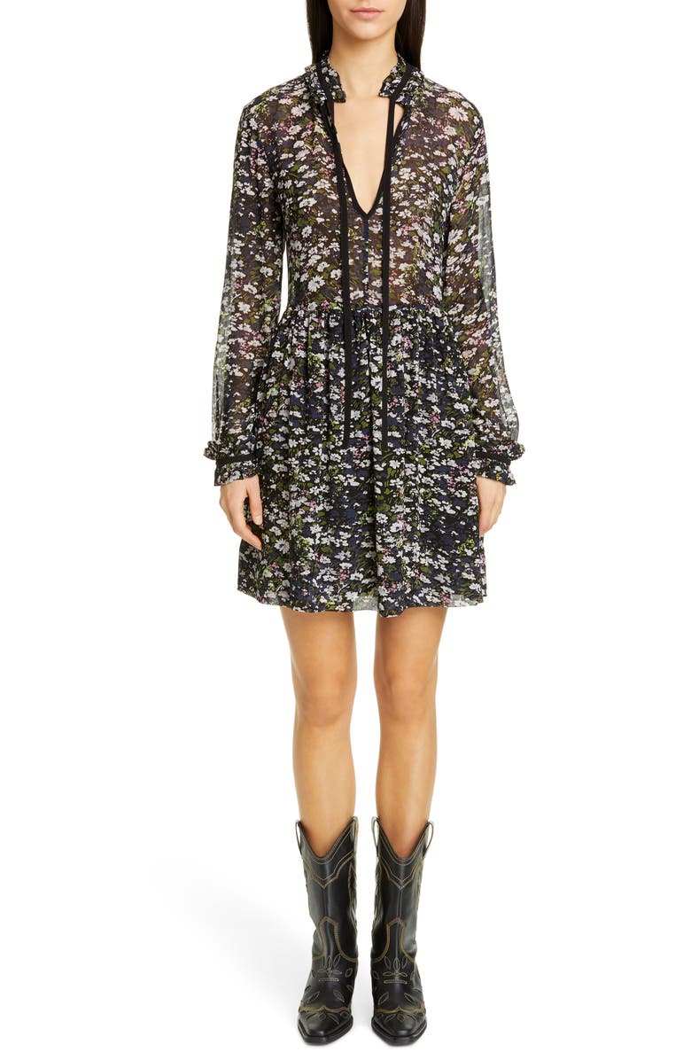 Ganni Long Sleeve Floral Print Georgette Dress, Main, color, 