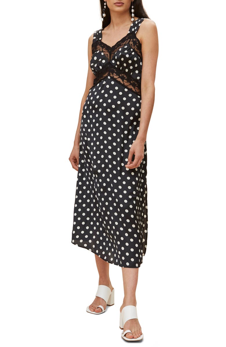 Topshop Polka Dot Lace Satin Slipdress, Main, color, 