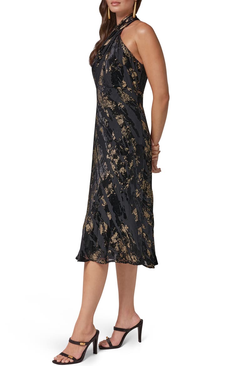 Metallic Foil Velvet Halter Midi Dress, Alternate, color, BK/ METALLI