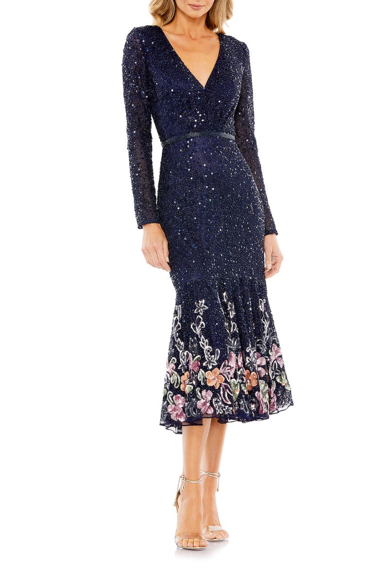 Faux Wrap Long Sleeve Tea Length Dress, Main, color, MIDNIGHT