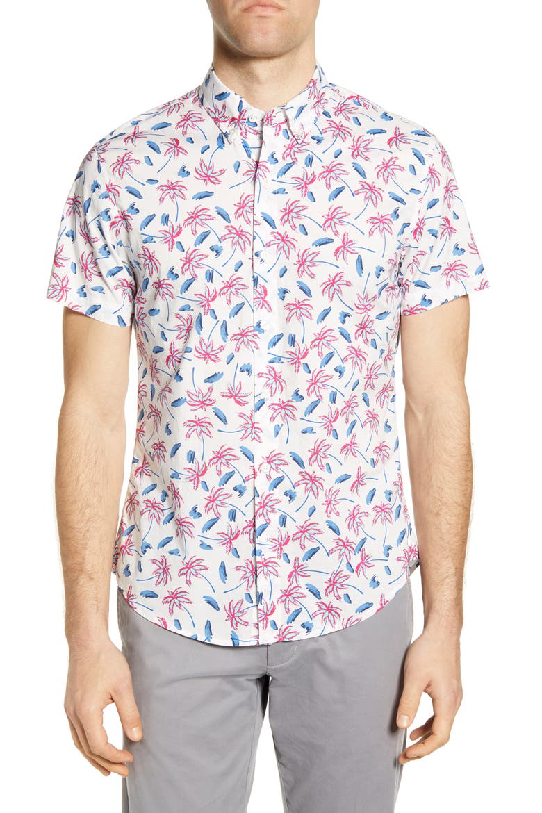 Riviera Slim Fit Tropical Short Sleeve Button-Down Shirt, Main, color, PALM DOT COM FUSCHIA PURPLE