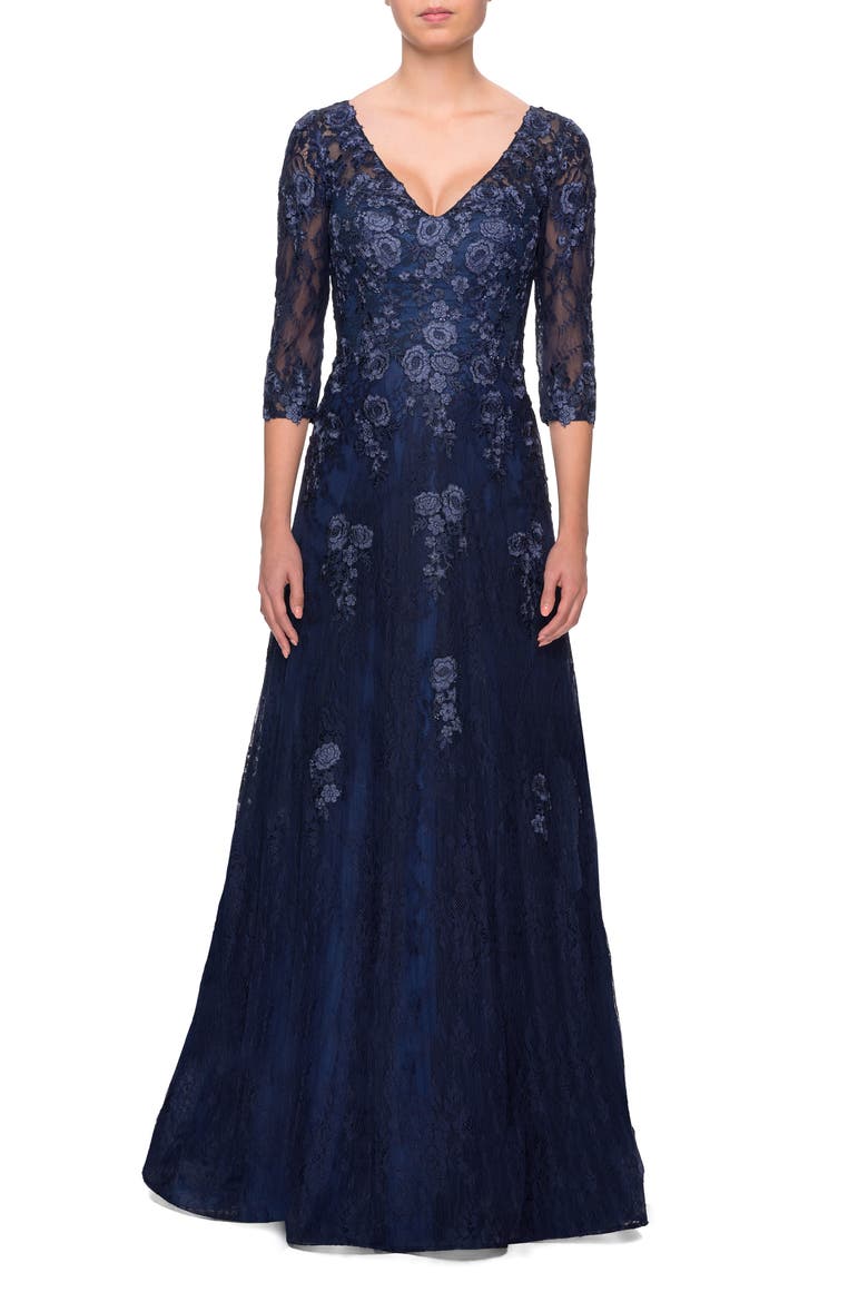 Embroidered Lace Gown, Main, color, NAVY