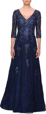 La Femme Three Quarter Sleeve A-line Dress with Lace and Beads