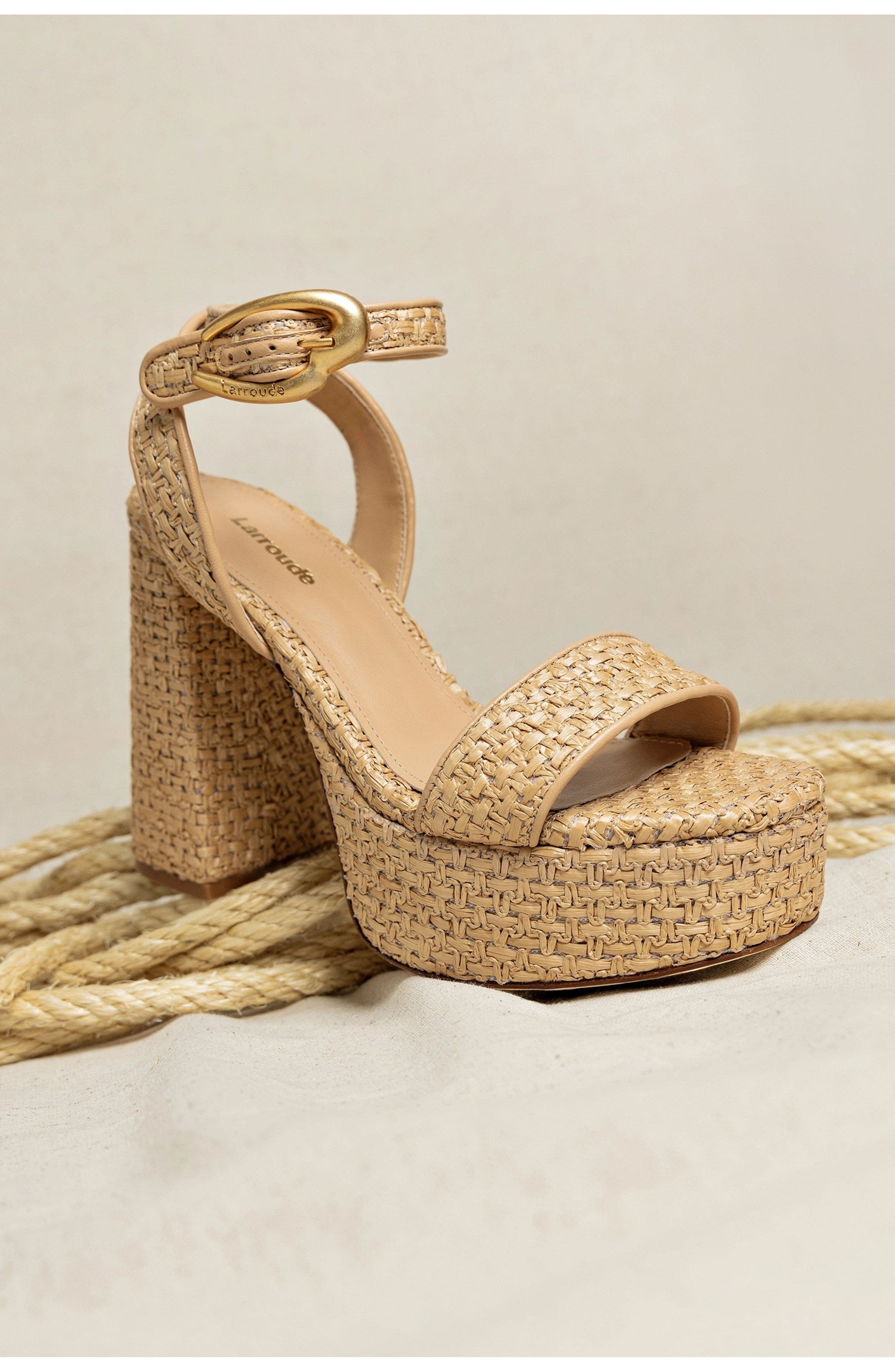 Larroudé Dolly Verona Sandal, Alternate, color, Beige Leather And Raffia