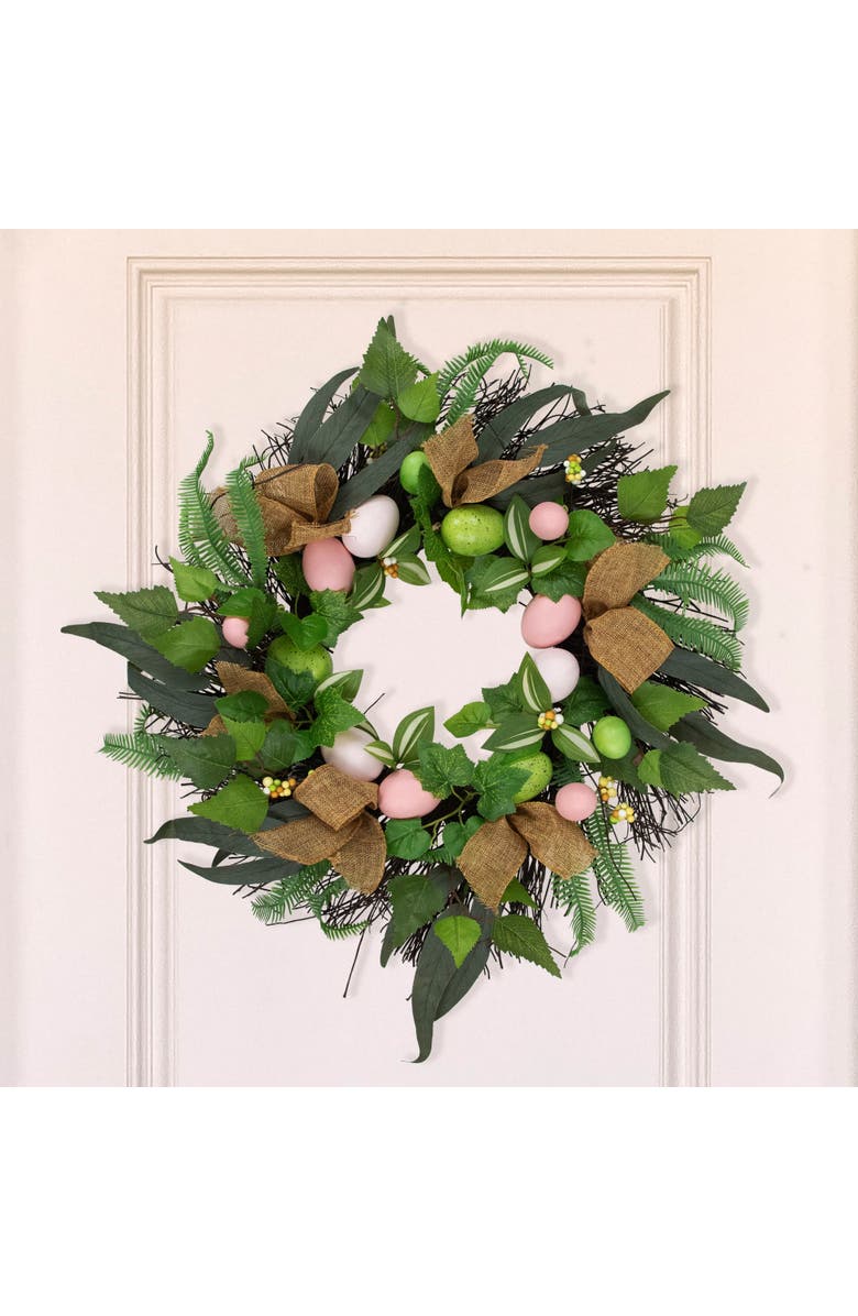 Northlight Easter Egg and Burlap Ribbon Mixed Foliage Twig Wreath - 22", Main, color, Green