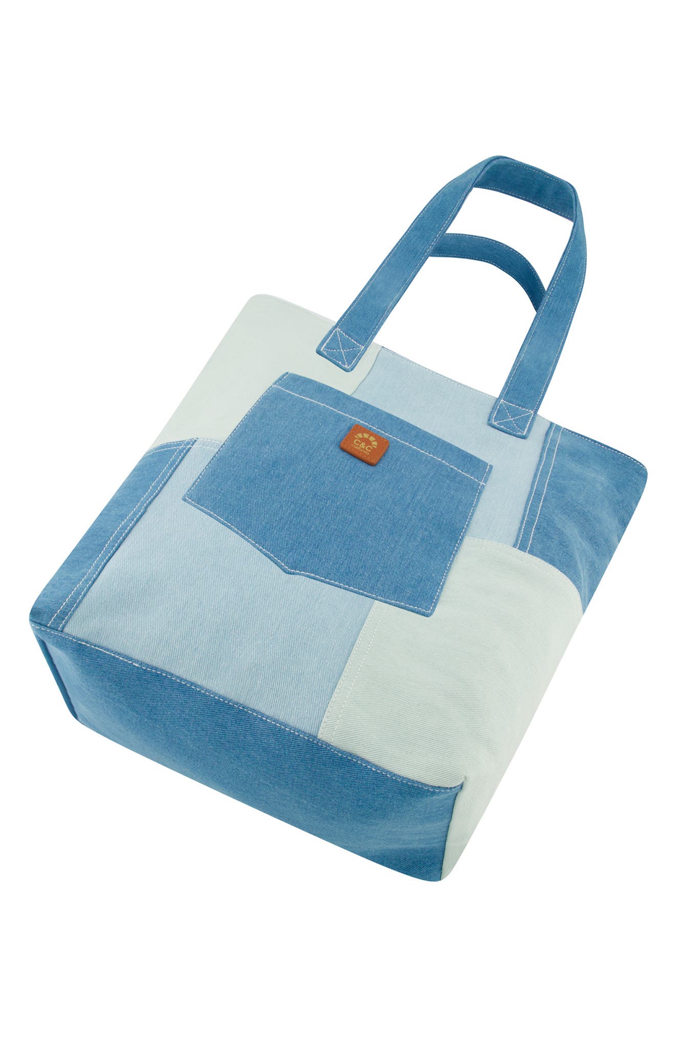 C & C California Denim Patchwork Tote Bag, Alternate, color, Blue
