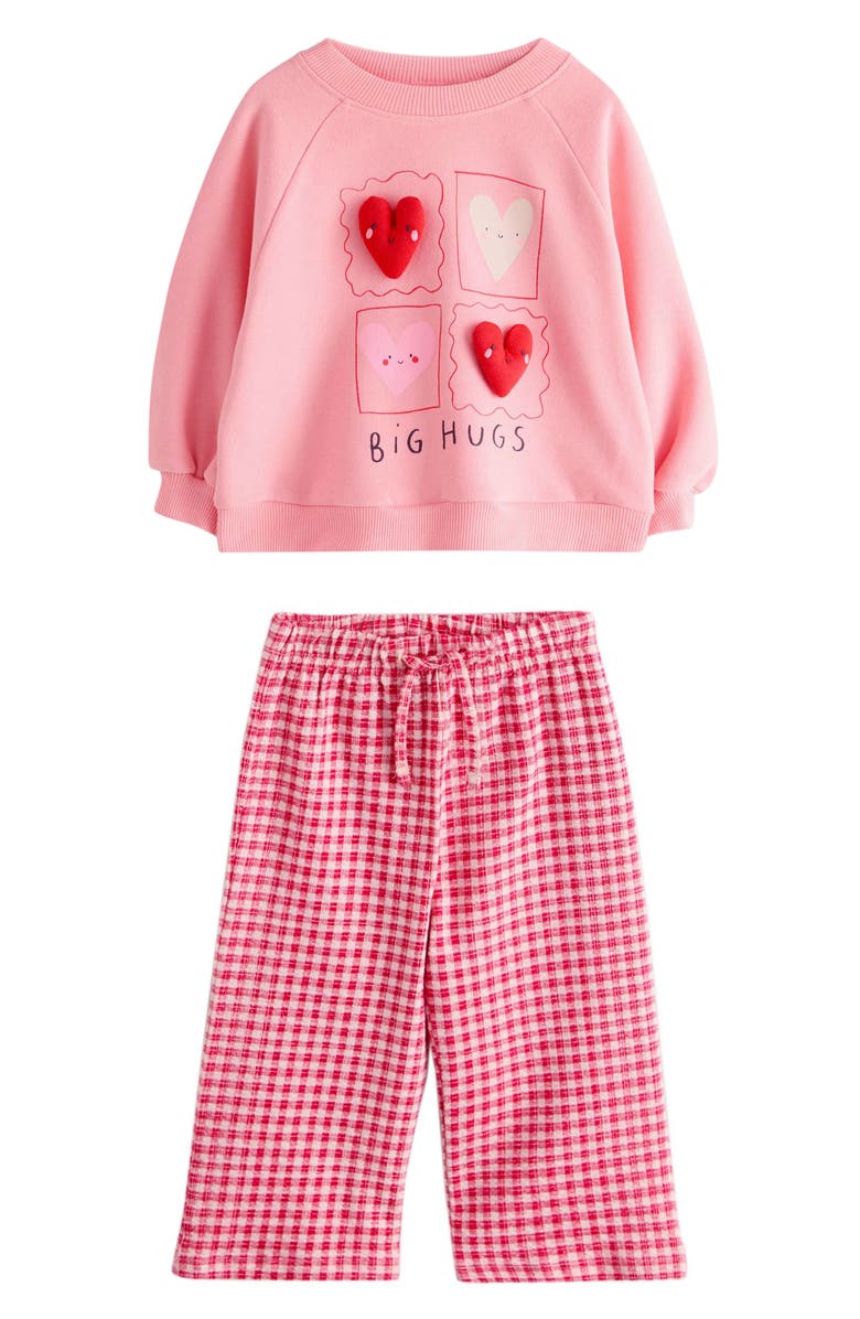 NEXT Kids' Appliqué Sweatshirt & Gingham Pants Set, Main, color, Pink