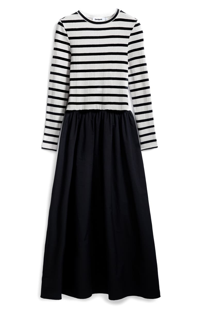 Desigual Mixed Media Long Sleeve Cotton Blend Dress, Alternate, color, Black