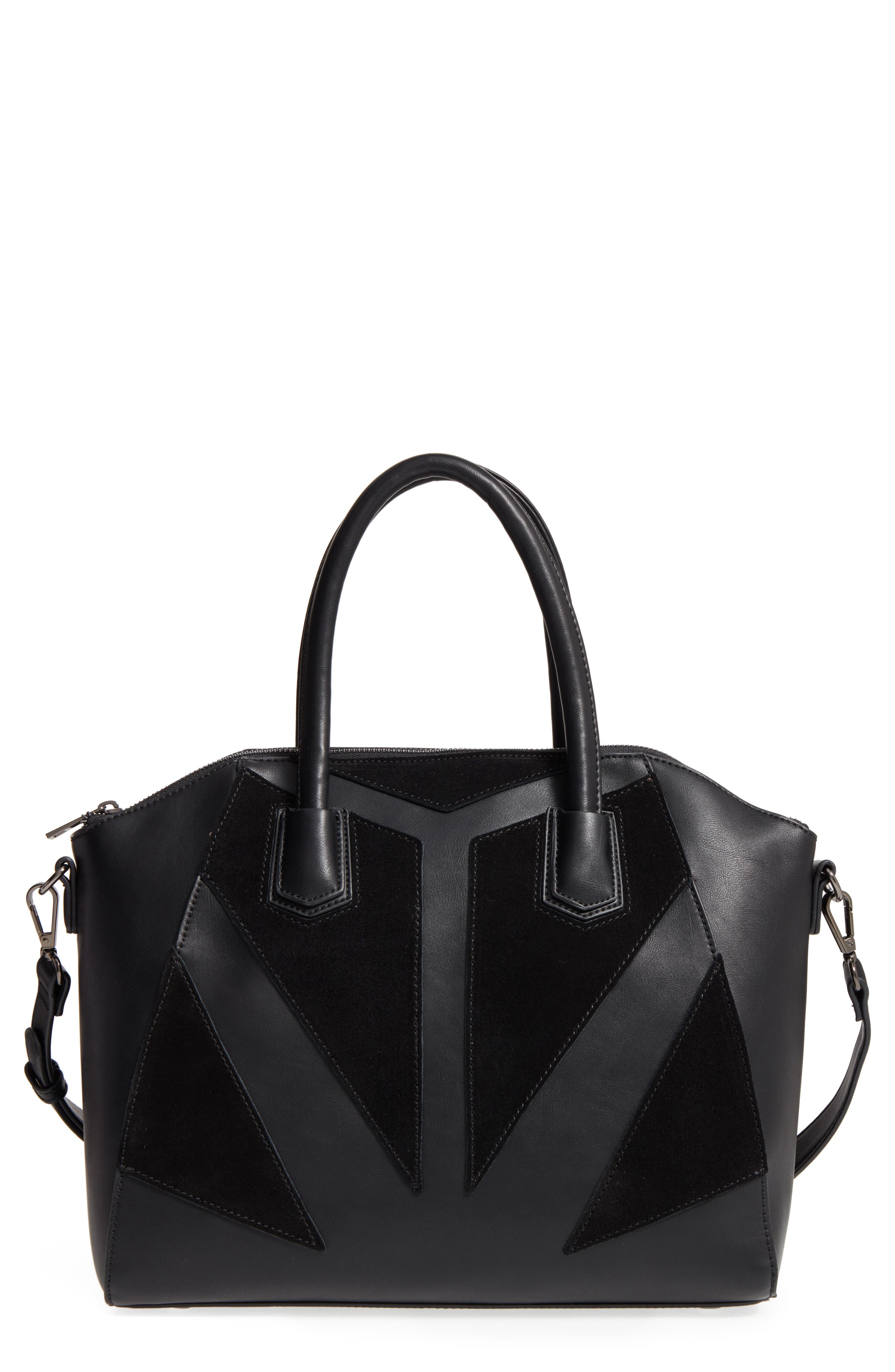 Rosamund Faux Leather and Genuine Suede Satchel, Main, color, BLACK