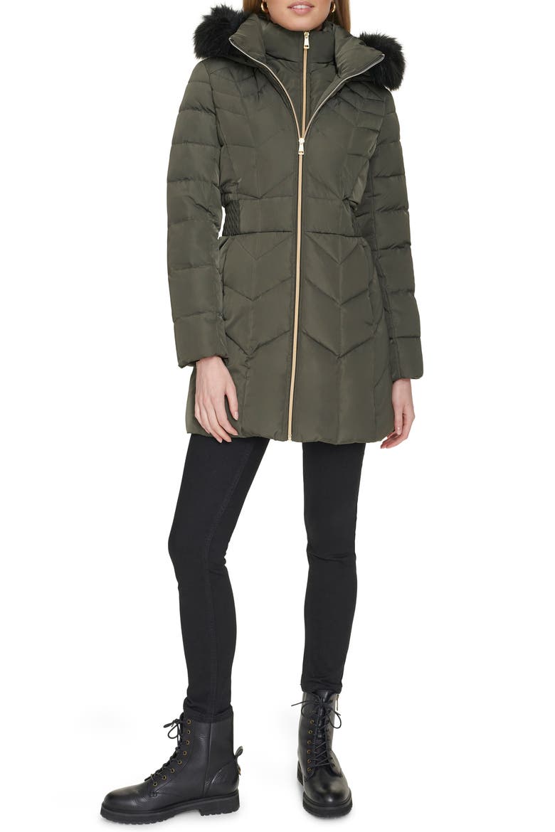 Faux Fur Trim Down & Feather Fill Hooded Jacket, Alternate, color, FOREST