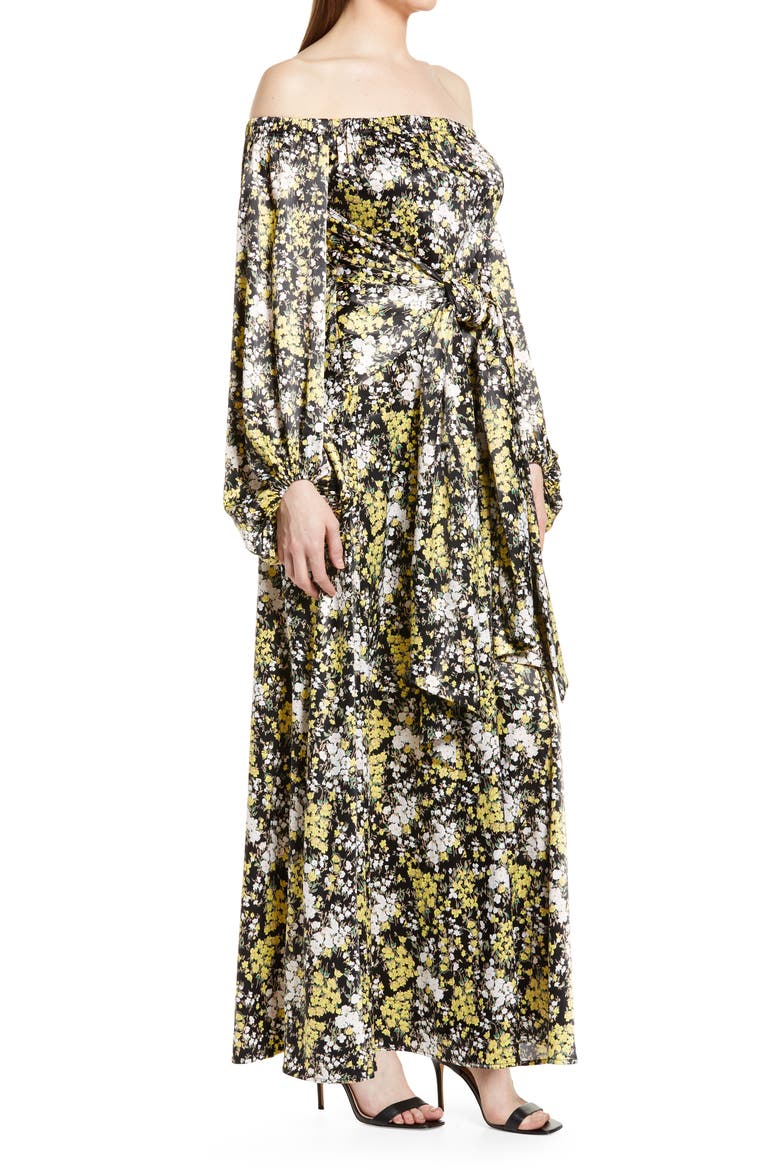 Vaiana Long Sleeve Tie Waist Off the Shoulder Satin Maxi Dress, Alternate, color, BLACK YELLOW BLOOM