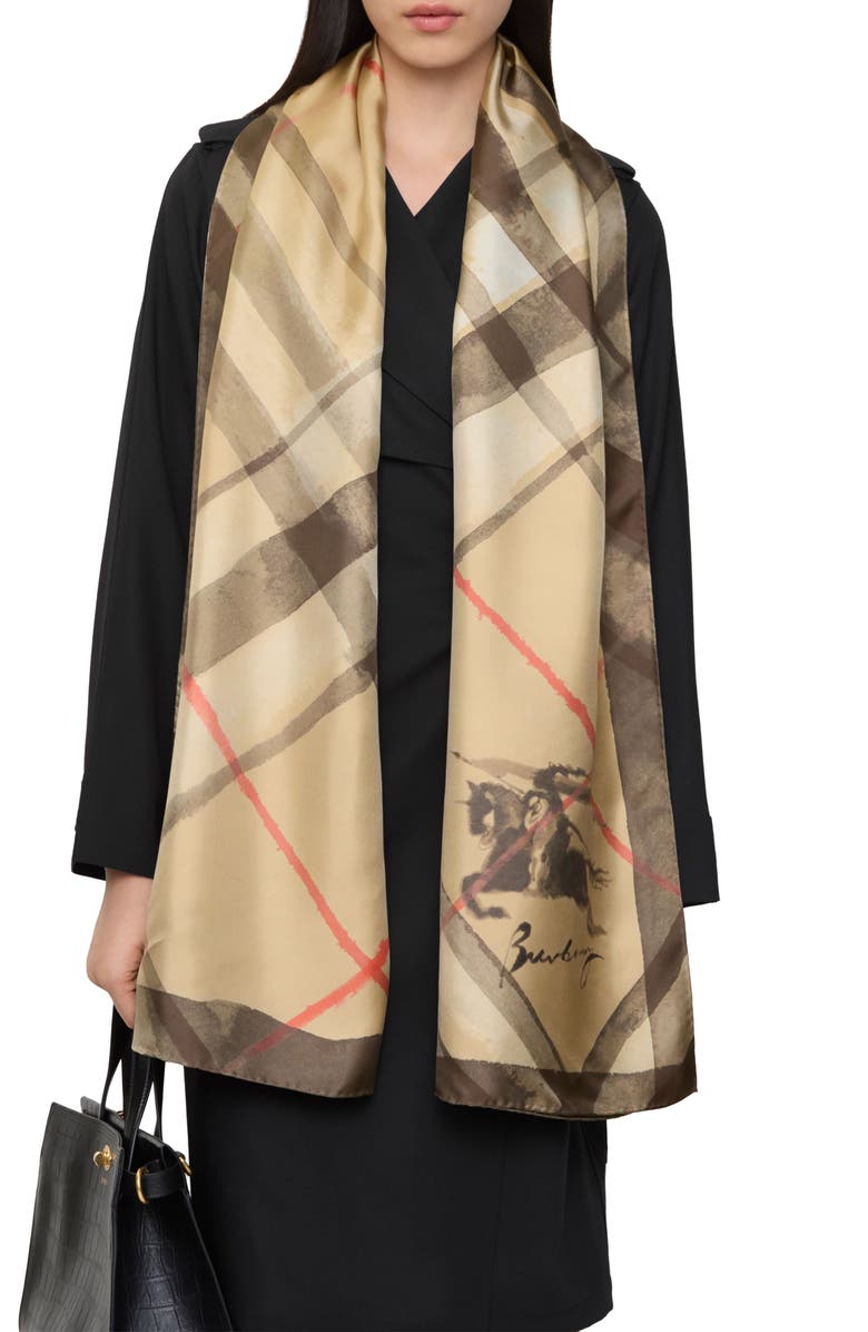 Burberry Watercolor Check EKD Silk Twill Oblong Scarf, Main, color, Sand