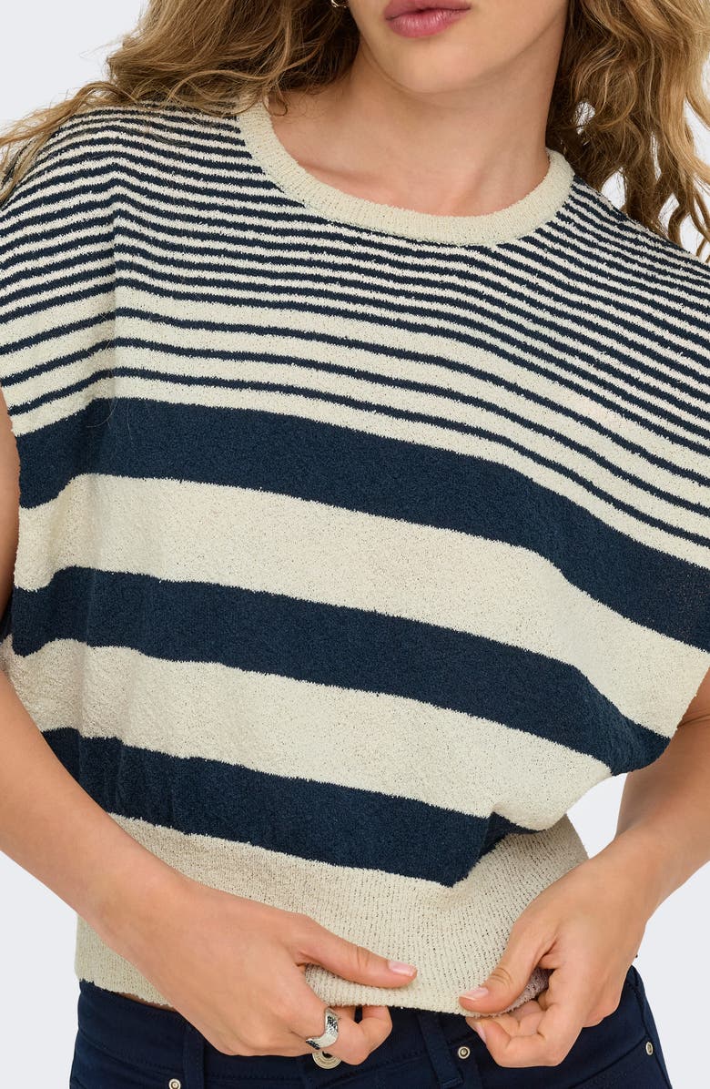 Only Mia Stripe Cap Sleeve Knit Top, Alternate, color, Egret Stripes Total Eclipse