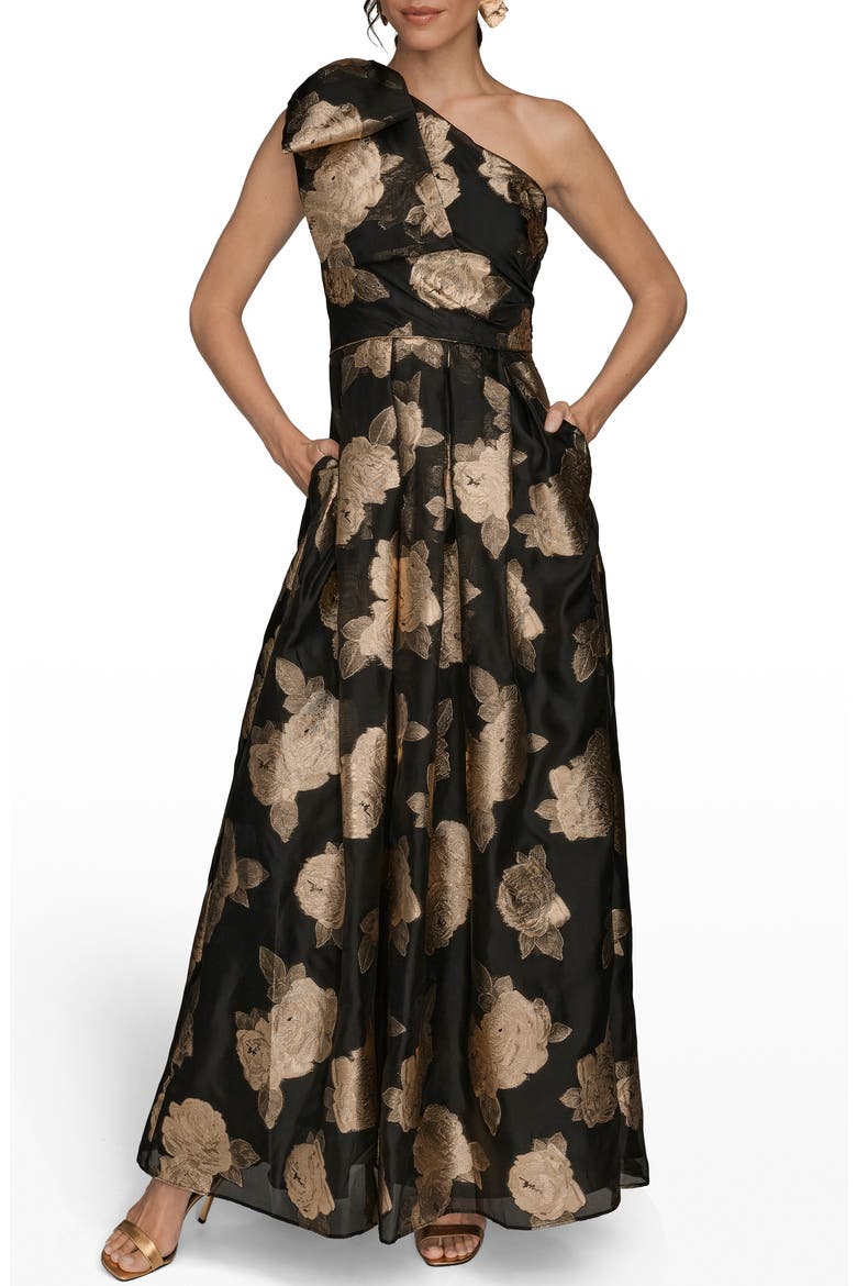 One-Shoulder Metallic Jacquard Gown, Main, color, BLACK/ GOLD