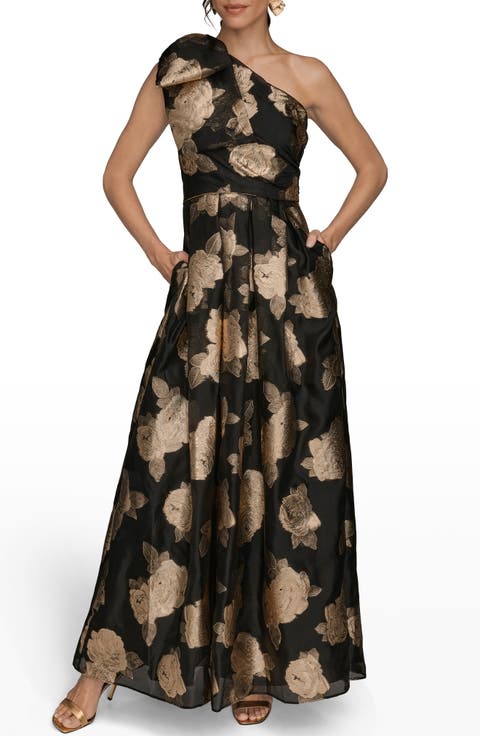 One-Shoulder Metallic Jacquard Gown