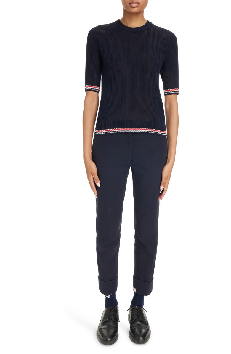 Thom Browne Stripe Rib Cotton & Silk Sweater, Alternate, color, 