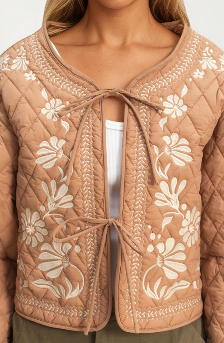 Knit and Lounge Quilted Floral Embroidered Tie Front Jacket, Alternate, color, Tan