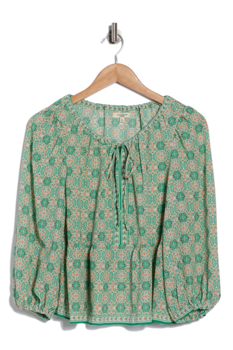 Polka Dot Tie Neck Top, Alternate, color, CREAM/ JADE FLORAL