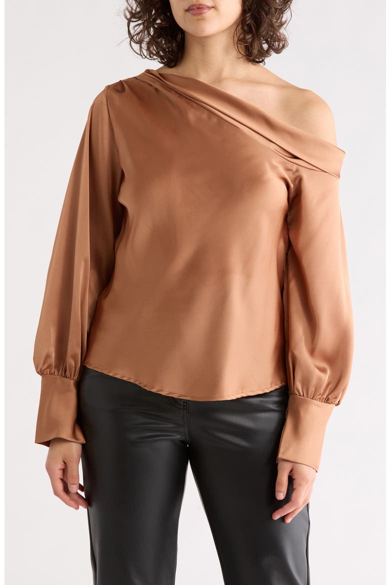 Asymmetrical Drop Shoulder Satin Top, Main, color, CARAMEL