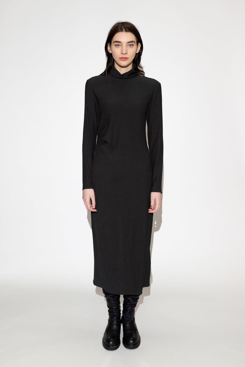 Aurora Crinkle Fabric Funnel Neck Midi Dress, Alternate, color, Black Crinkle