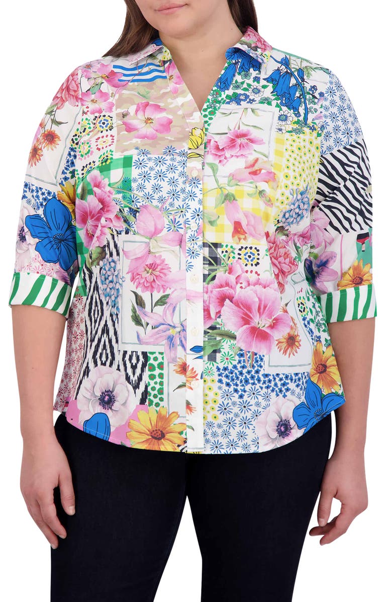 Foxcroft Mary Patchwork Floral Print Cotton Button-Up Shirt, Main, color, 