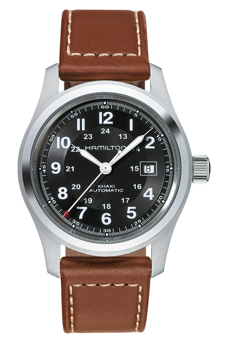 Khaki Field Automatic Leather Strap Watch, 42mm, Main, color, BROWN/ BLACK/ SILVER