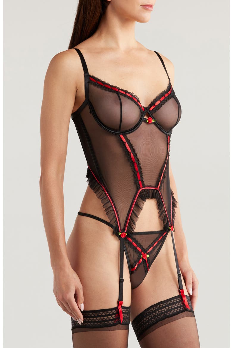 Mesh Underwire Bustier & G-String Set, Alternate, color, BLACK