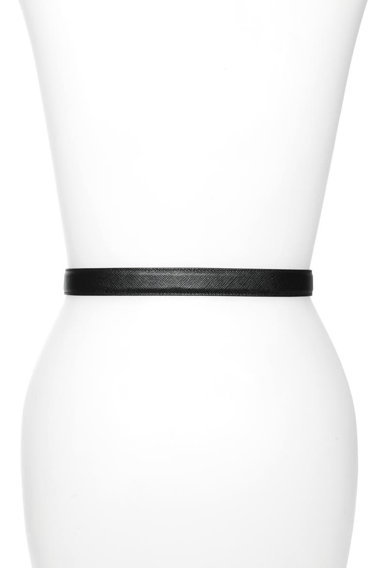 Plaque Logo Saffiano Leather Belt, Alternate, color, NERO/ GOLD