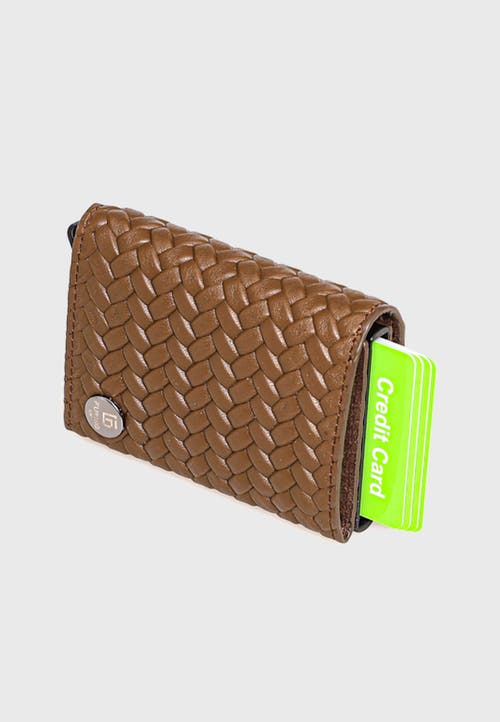 Furniq Uk Genuine Leather Weave Pattern Trifold Card Holder In Brown
